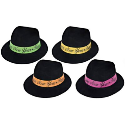 Black Flocked Fedora with neon paper hat band - Happy New Year