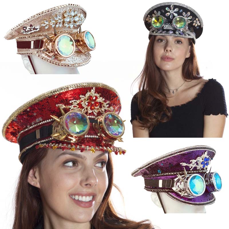 Deluxe Jeweled Burning Man Captain's Hat w Holographic Goggles - Cappel's