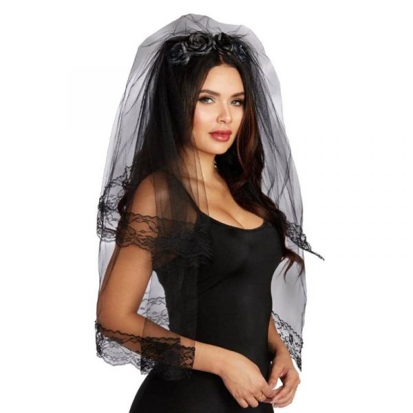 Costume Black Fabric Veil w Rose Trim