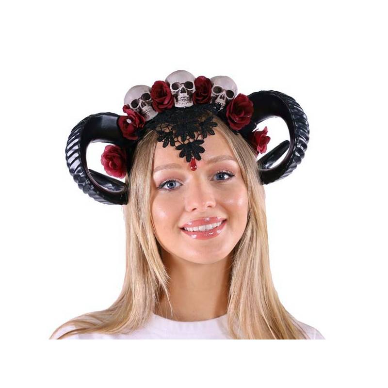 Costume Ram Horns Headband w Floral and Skulls Trim - Cappel's