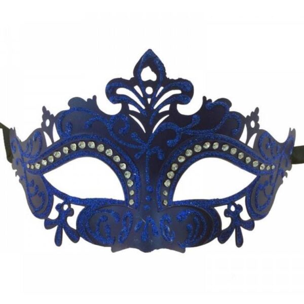 BLUE Glittered Venetian Half Mask w Rhinestone Trim