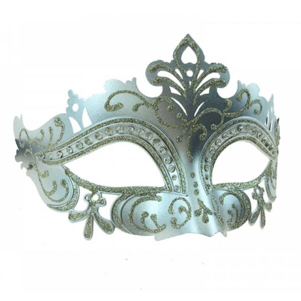 SILVER Glittered Venetian Half Mask w Rhinestone Trim