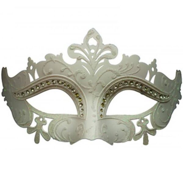 WHITE Glittered Venetian Half Mask w Rhinestone Trim