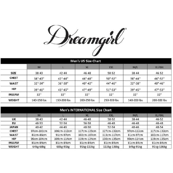 dreamgirl/dreamguy men's size chart