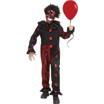 Chrome Clown Costume includes jumpsuit, collar, and mask with attached hair.