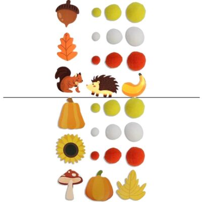 Fall Harvest Asst Pom Poms w Small Cardboard Cutouts- STYLE 1