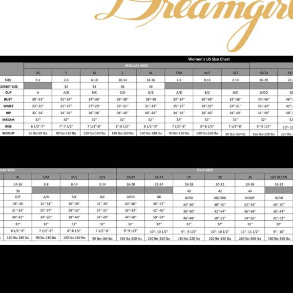 DREAMGIRL SIZE CHART