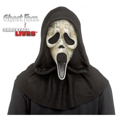 Scream VI Ghost Face®  Deluxe Aged mask. This adult-size mask features weathered-look hard plastic with an attached sparkly hood