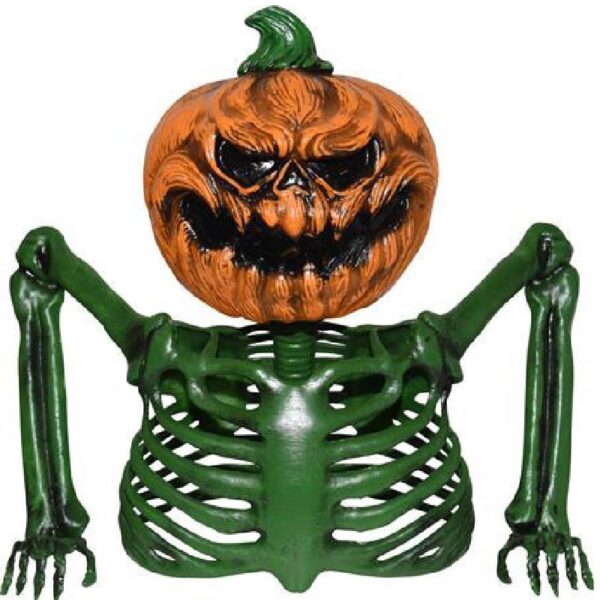 1-piece plastic, green upper half of a skeleton. It appears to be pushing itself up out of the ground It features an orange pumpkin head