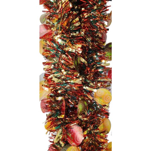 red/gold 9' Vinyl Holiday Tinsel Garland w Christmas Ornaments