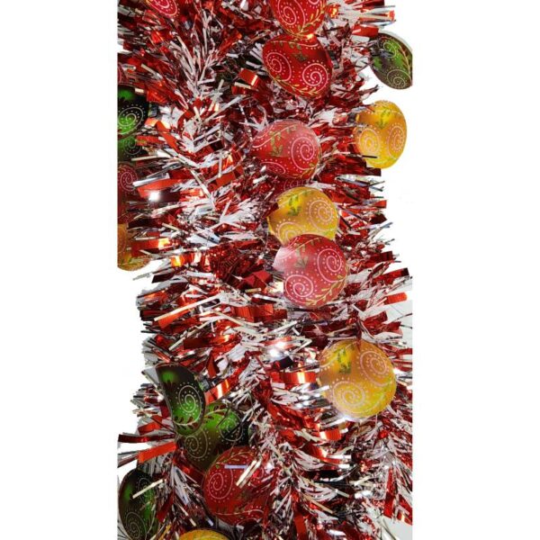 red/white 9' Vinyl Holiday Tinsel Garland w Christmas Ornaments