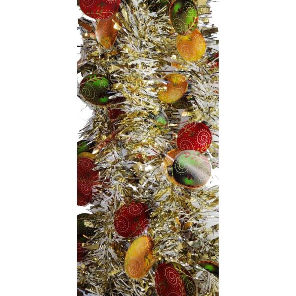 gold/white 9' Vinyl Holiday Tinsel Garland w Christmas Ornaments