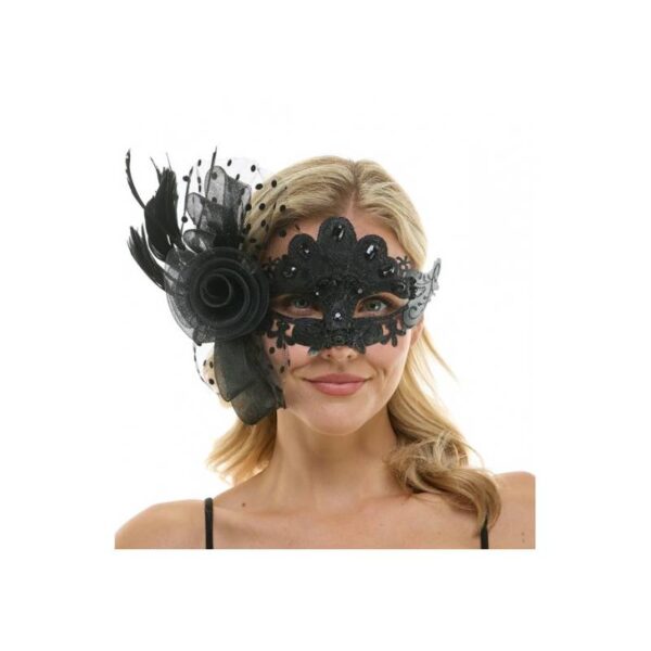 black Jeweled Half Mask w Flowers & Feathers