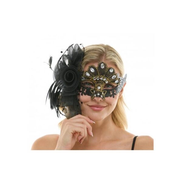 black/gold Jeweled Half Mask w Flowers & Feathers