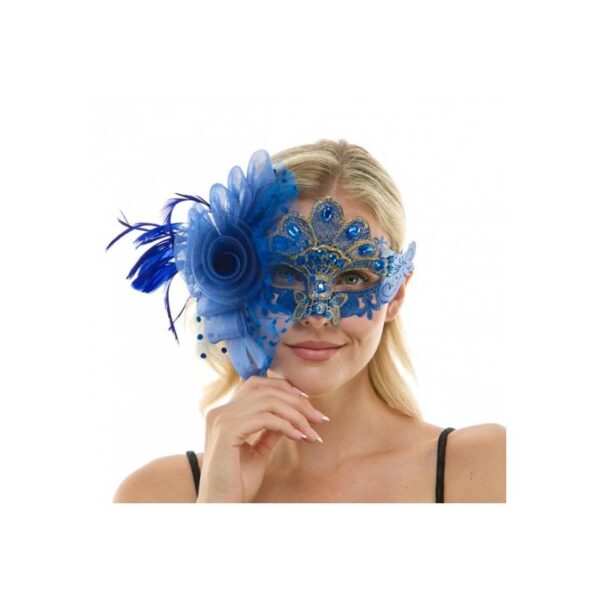 blue Jeweled Half Mask w Flowers & Feathers