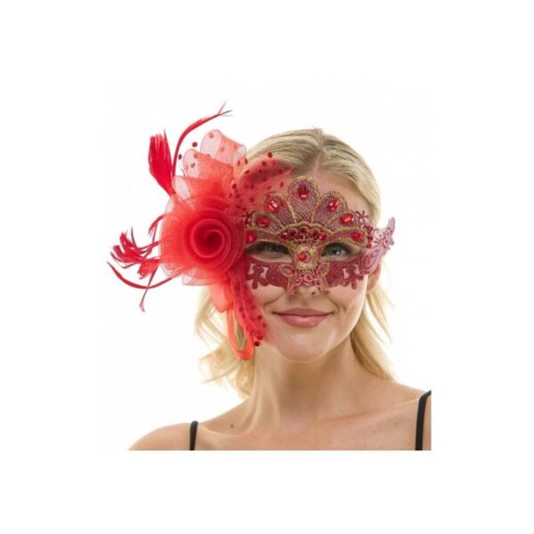 red Jeweled Half Mask w Flowers & Feathers